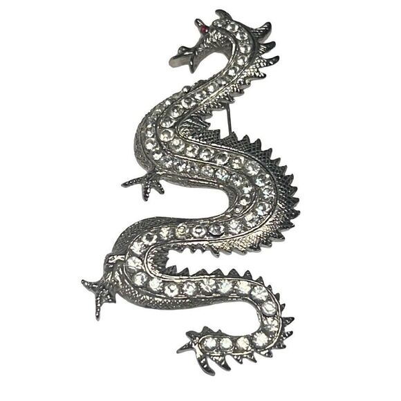 Huge Vintage Clear Rhinestone Gold Tone Red Eyed Dragon Statement Brooch - Picture 3 of 12